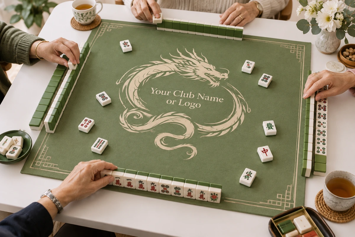 Overhead view of four players at a sage green custom mahjong mat with room for a club name or logo